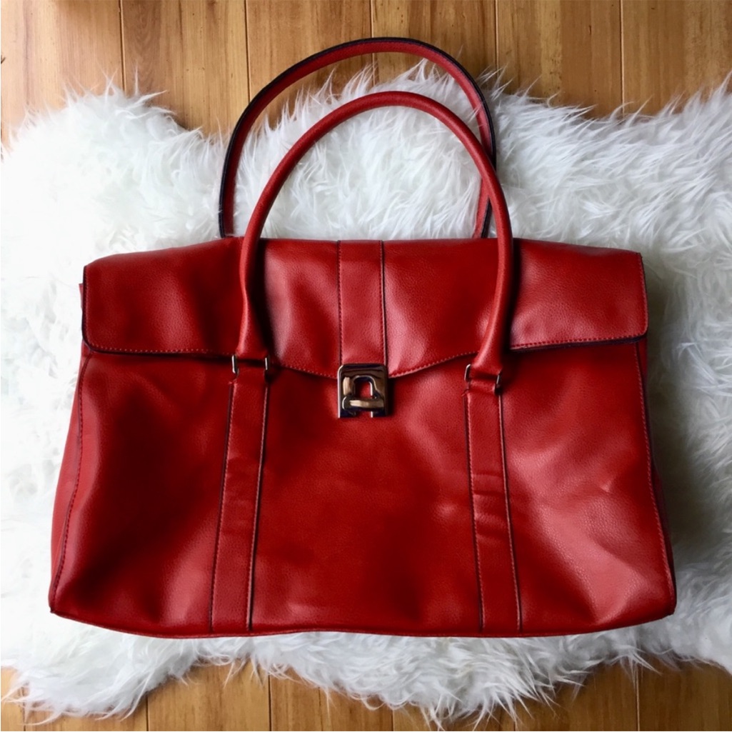 Faux Leather Expandable Weekender Bag Red Leather Travel Carryon Tote Bag